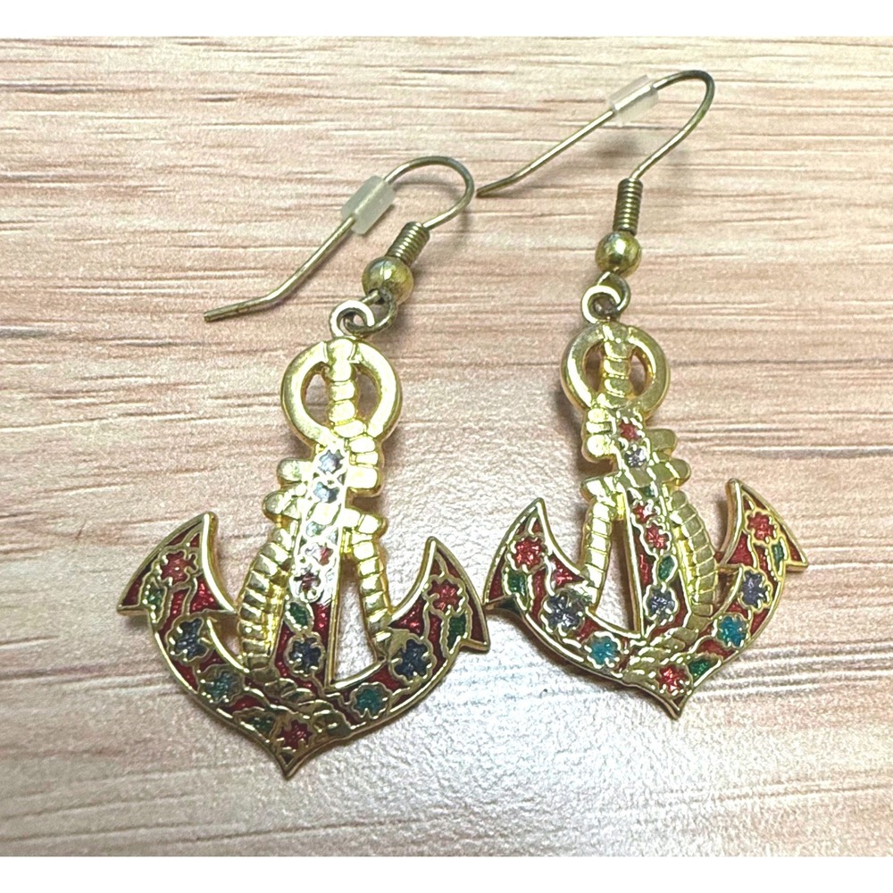 Vintage Gold Tone Anchor‎ Dangle Earrings Nautical Enamel